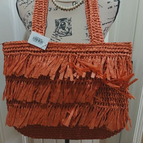 Tote Handbags - The Last Straw Fringe Straw Tote Bag in Burnt Orange